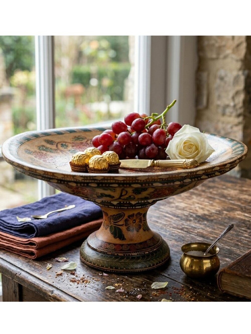 Boho Wood Footed Tray, Wood Compote Tray Floral Pedestal, Hand-Painted Flowers